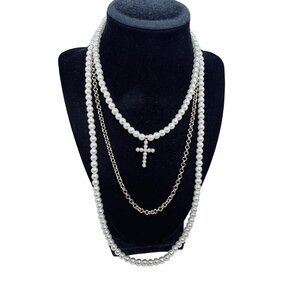 New 3 Strand Faux Pearl & Cable Chain Gold Tone Necklace With Cross Charm (5454)